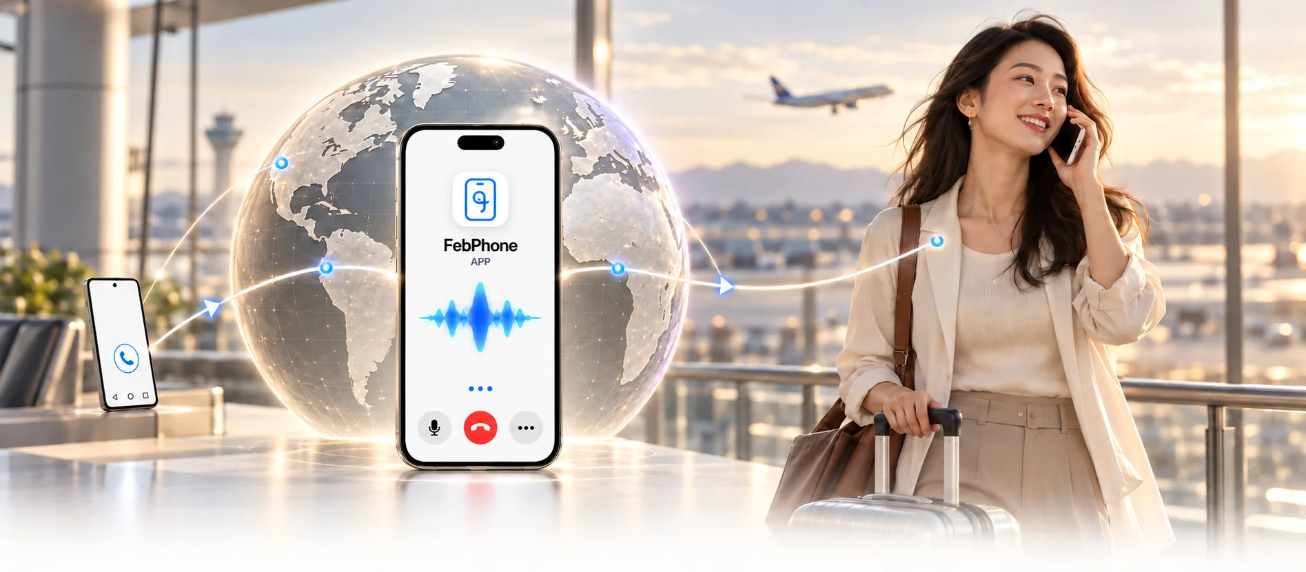 A traveler calling at the airport, connected through the FebPhone AI app to an Android phone at home, with a globe and illuminated routes.
